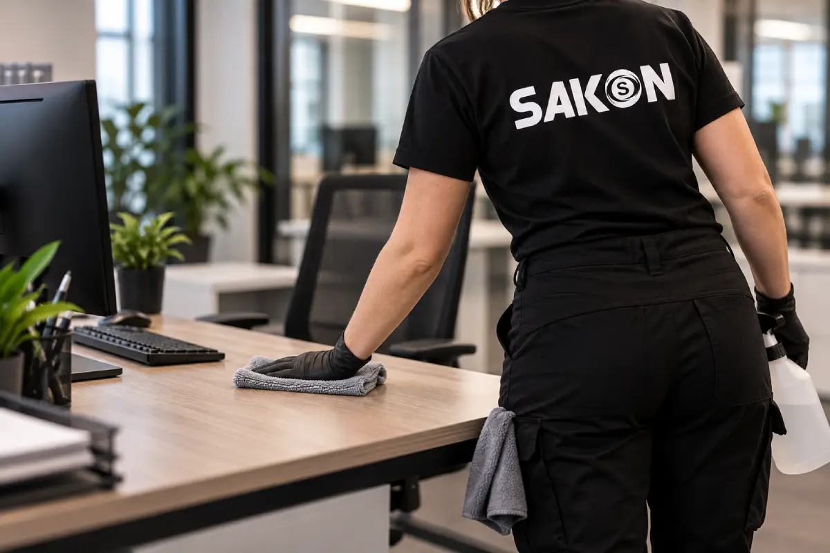 Städare i SAKON-kläder städar ett kontor – kontorsstädning i Filipstad – SAKON Städ