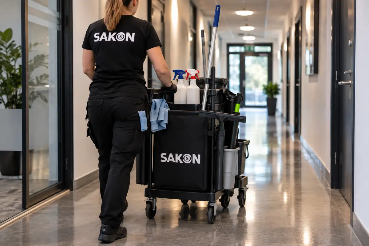 Städvagn i en kontorskorridor – trappstädning i Karlstad – SAKON Städ
